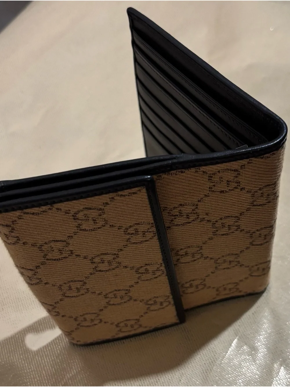 Gucci Beige Brown Monogram Wallet with Black Leather Snap